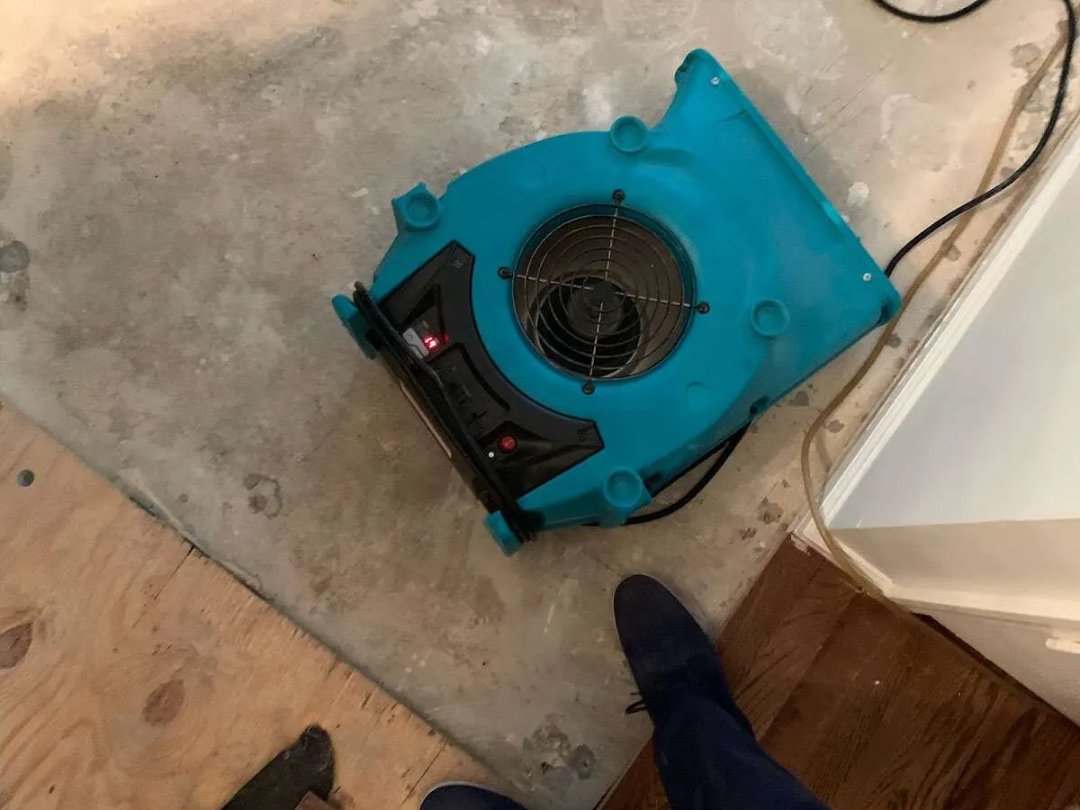 Air mover drying subfloor during Commercial Water Damage Restoration in Pingree Grove